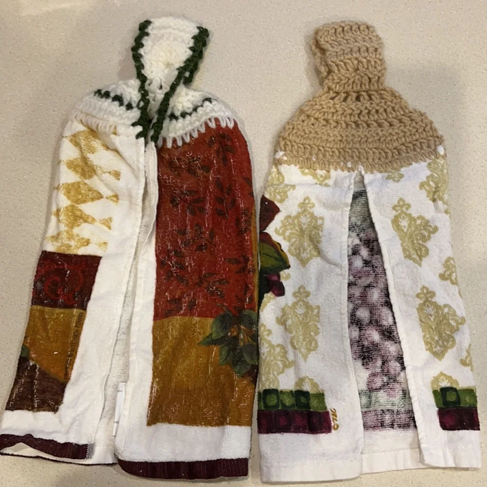 2 Kitchen Hand Towels with Hand Crocheted Button Top Closure